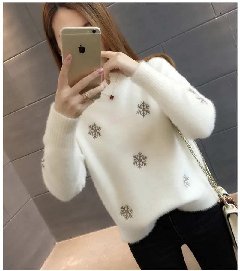 Водолазка Свитера женские зимние модные толстые теплые кашемировые пуловеры из искусственной норки свитер Женский Повседневный вязаный джемпер Топы W1354 - Цвет: creamy-white