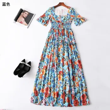 

New 222301 collar zipper 5 minutes of sleeve printed super long dress