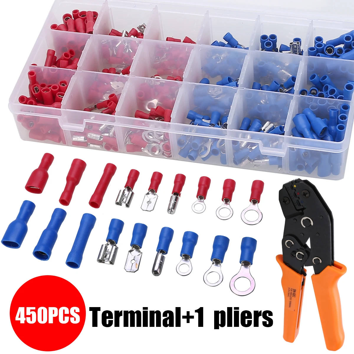 450pcs Cable Lugs Flat Plug Crimp Terminal Spade Ring Insulated Electrical Wire Connector with Crimping Plier Tool Mixed Box Kit