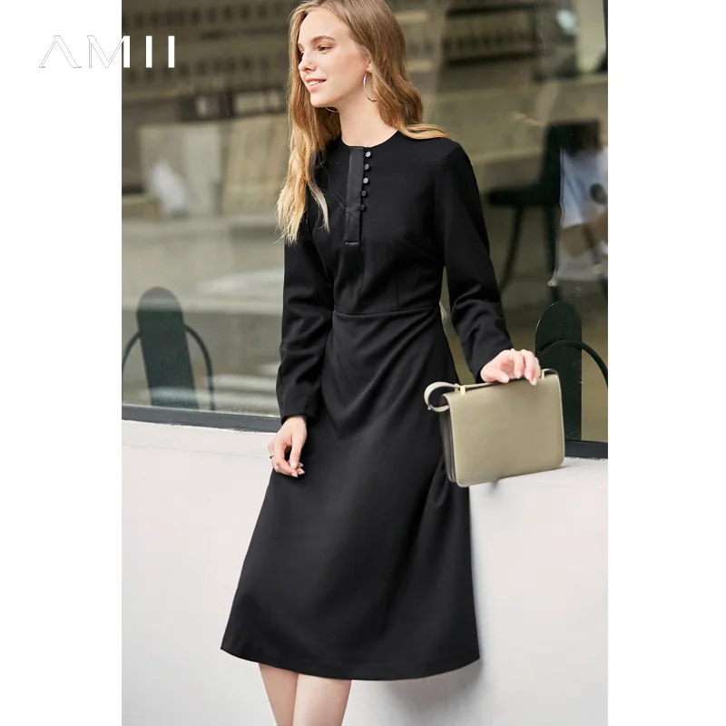 Amii Women Elegant A-line Dress Female Causal Round Neck Solid Patchwork Buttons Long Sleeve Dresses 11737381 Amii Women Elegant A-line Dress Female Causal Round Neck Solid Patchwork Buttons Long Sleeve Dresses 11737381