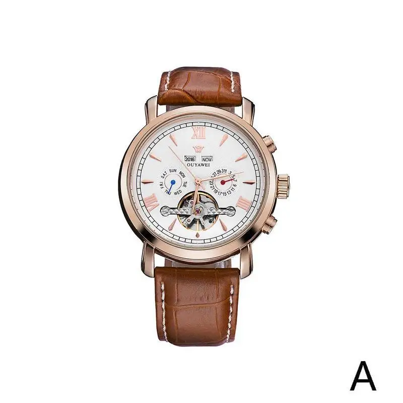Hot Sale OUYAWEI Leather Automatic Multi-function Men's 30m Waterproof Mechanical Watch Luxury Brand Men Fashion Watches - Color: A
