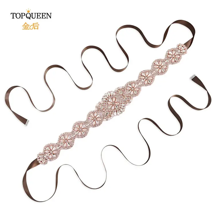brown TOPQUEEN, S161-RG, стразы, розовое золото, пояс, кристалл, свадебный пояс, жемчуг, свадебный пояс для невесты, аксессуары для свадьбы, пояс для свадебной вечеринки - Цвет: brown