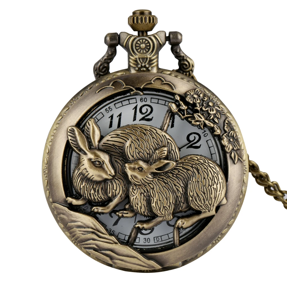 Ретро кварцевые бронзовые карманные часы Китайский Зодиак полые дизайн кулон часы ожерелье цепь унисекс стимпанк часы дропшиппинг - Цвет: rabbit slim chain