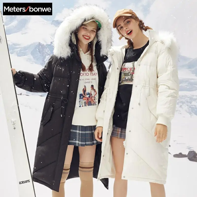 

Metersbonwe Long Warm Down Jacket Women Winter Portability Warm 80% White Duck Down Winter Fur collar Hooded Female Down Coat