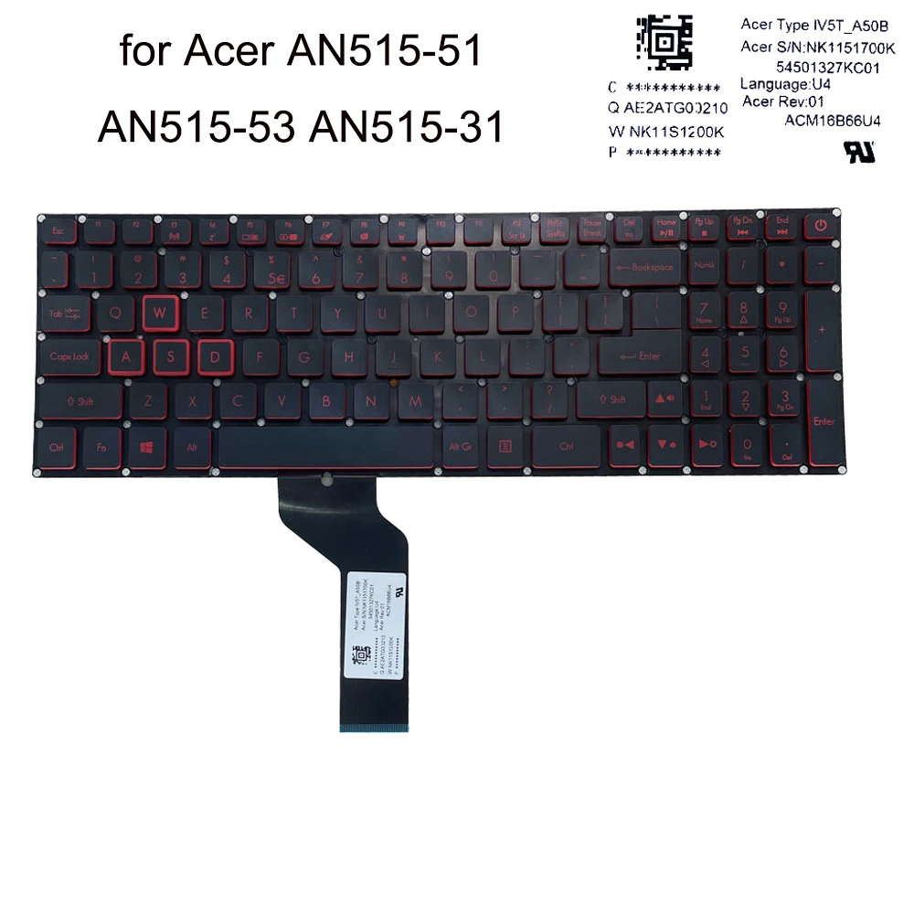 Английская клавиатура с подсветкой для Acer Nitro 5 AN515-51 52 AN515-53 AN515 41 42 AN515-31 US qwerty
