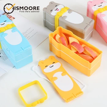 

Cute Double Stackable Cartoon Lunch Boxes, Portable Mini Bento Box Containers for Kids, BPA-Free and Dishwasher Safe (Gray)