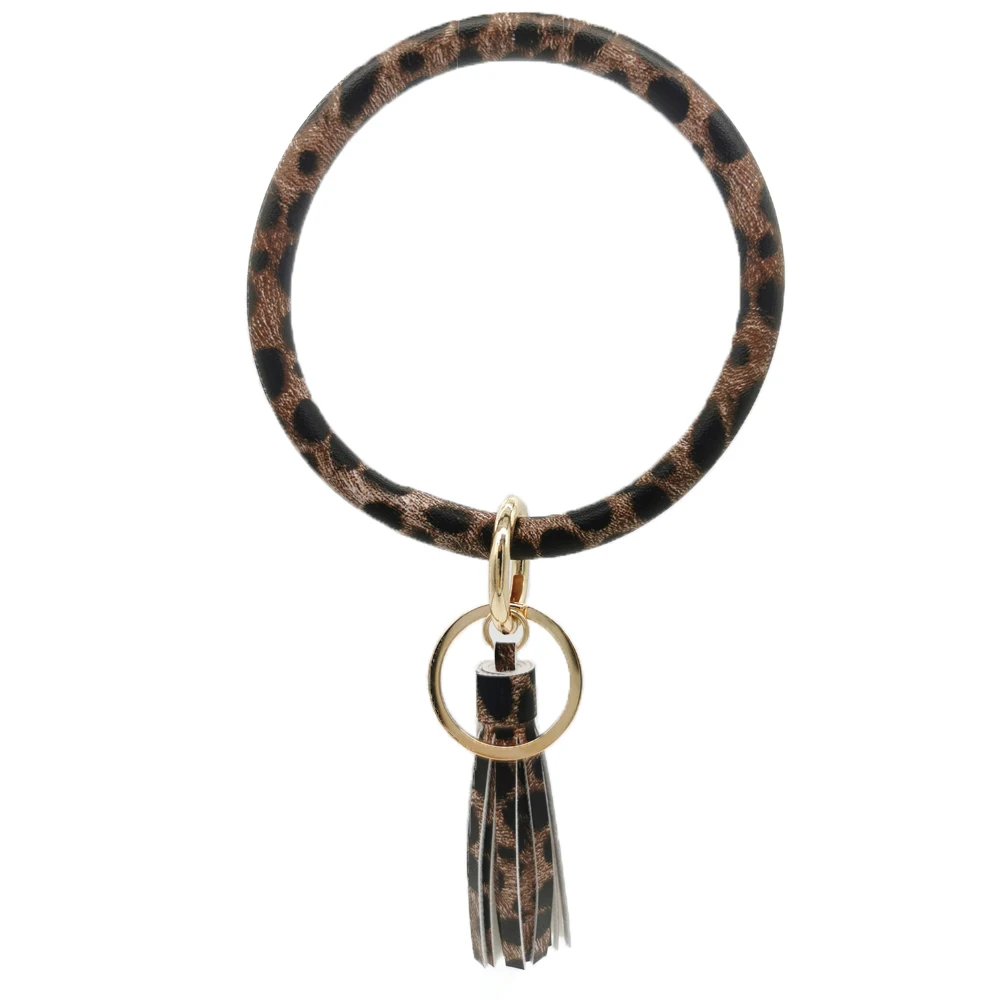 Мода из искусственной кожи брелок-браслет для женщин Леопард яркий сплошной цвет браслет брелок того же цвета кисточка брелок аксессуары
