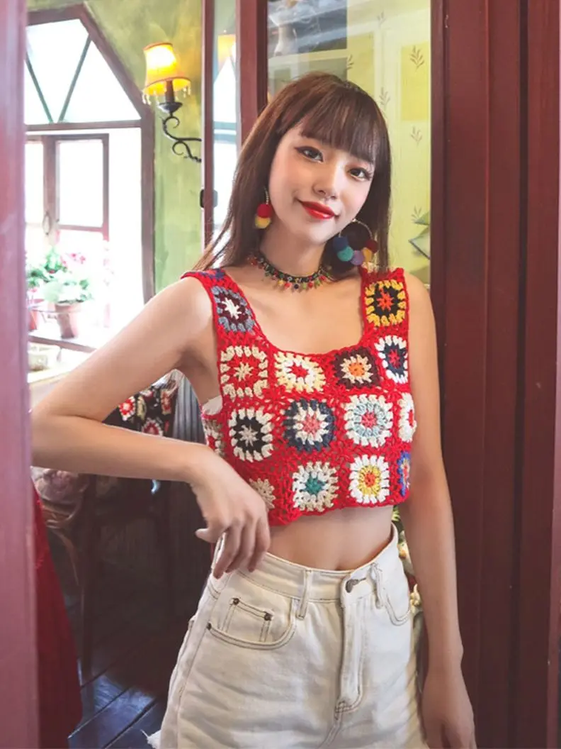 Beach Crochet Crop FLORAL STORY Women Summer Y2K Vacation Outdoor Short Tube National Boho Style Lace Cami Tassel Tank Tops bathing suit wrap skirt