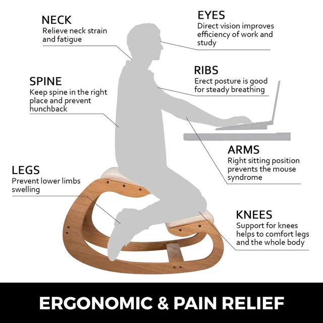 SucceBuy Ergonomic Kneeling Chair Stool W/ Thick Cushion Home Office Chair Improving Body Posture Rocking Wood Computer Chair