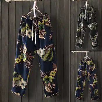 

Printed Pants Women Wide Leg Trousers ZANZEA 2020 Vintage Cotton Linen Elastic Waist Pnatalon Pockets Streetwears Sweatpants 5XL