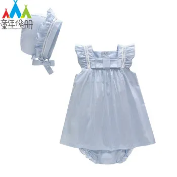 

Picturesque Childhood Toddler Baby Girl Cotton Cartoon Bodysuit 2-1 with Hat Blue Sleeveless Bowl Style Infant Jumpsuits