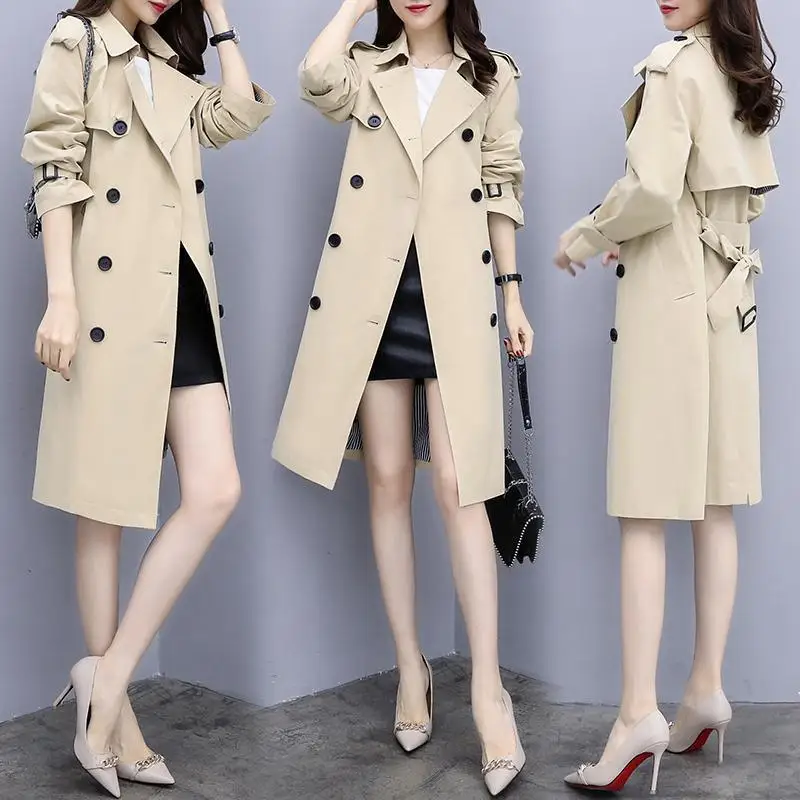 Модная Осенняя верхняя одежда женская тонкая с поясом корейский Тренч средней длины пальто женская элегантная двубортная ветровка большого размера