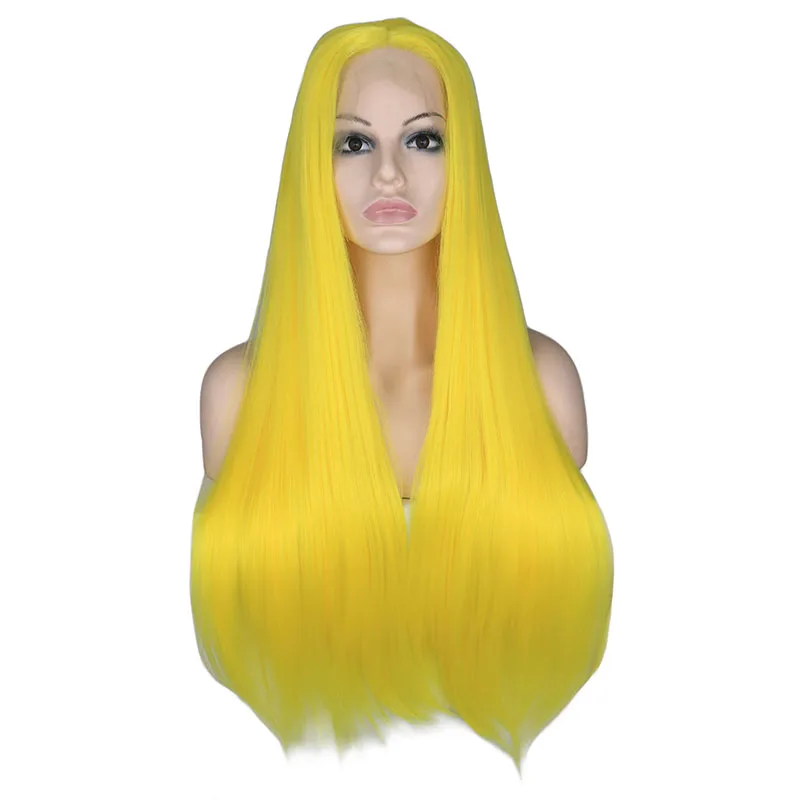 Причудливый W желтый длинный прямой синтетический парик на кружеве, длинные шелковистые парики для женщин, натуральные волосы, завязанные вручную