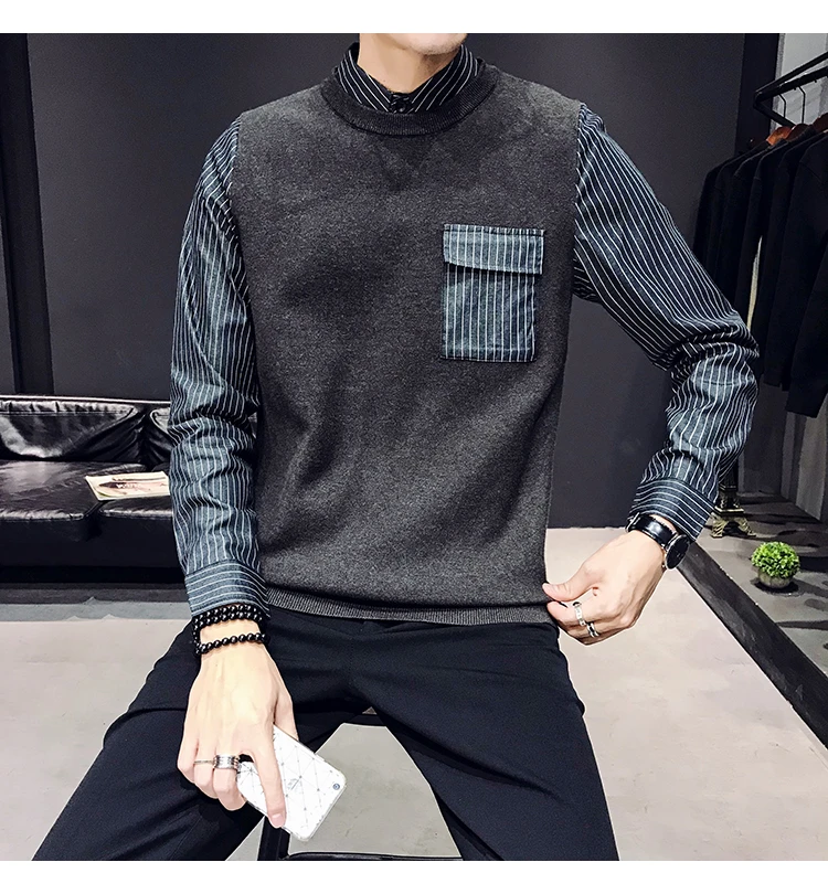 Британский стиль поддельные две части свитер пуловер свитер мужской Blusa Masculina модная одежда мужской круглый вырез длинный рукав вязание
