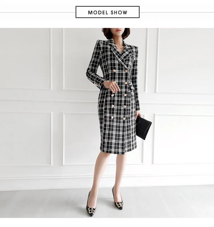 Ladies Fall Winter Contour Gingham Checkered Outerwear Autumn Wool Blend Contrast Color Plaid Long Woolen Jacket Coat