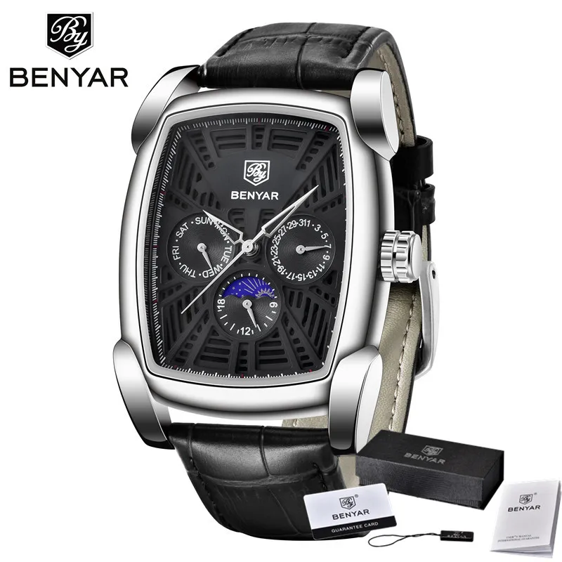 BY515301 with box Benyar мужские спортивные наручные часы Авто Дата водонепроницаемые мужские военные армейские часы лучший бренд класса люкс синие мужские часы из натуральной кожи 5153 - Цвет: BY515301 with box