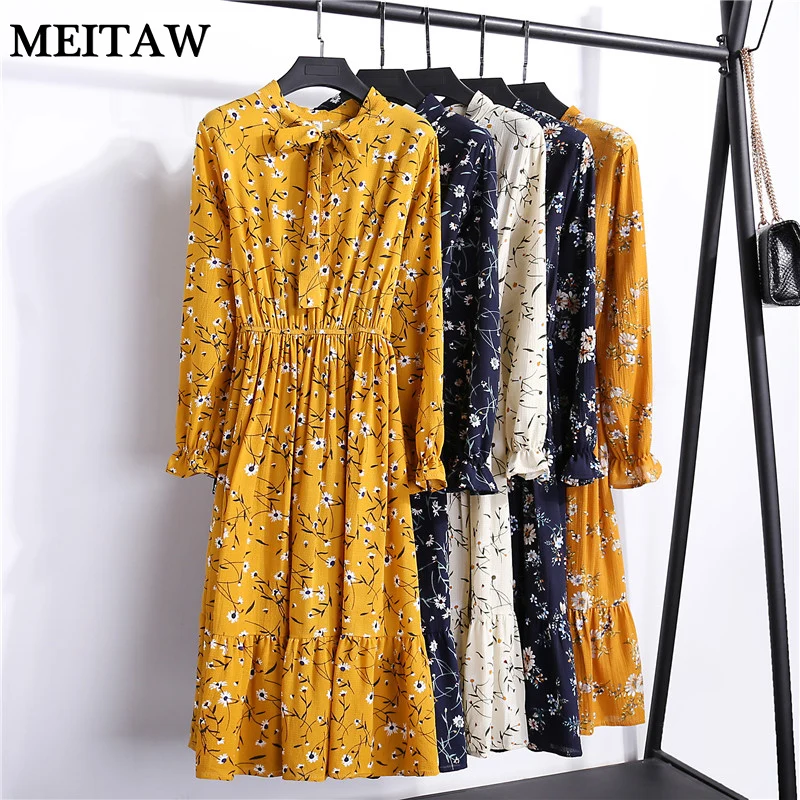 

Autumn Women Floral Printed Retro Dresses 2019 Casual Long Sleeve Bow Chiffon Dress Elegant Evening Party Dress Vestidos