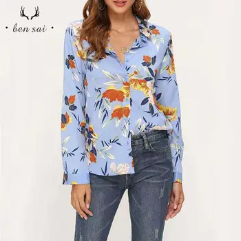 

Women V-neck Print Flowers Fashion Tops Blouses Casual Long Sleeve Print Chiffon Blouse Female Spring New