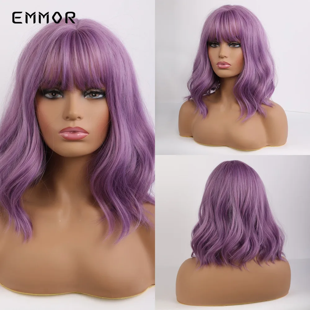 

EMMOR Medium Natural Wave Hair Synthetic Wigs with Neat Bangs for Women Purple Bob Party Cosplay Lolita Wig