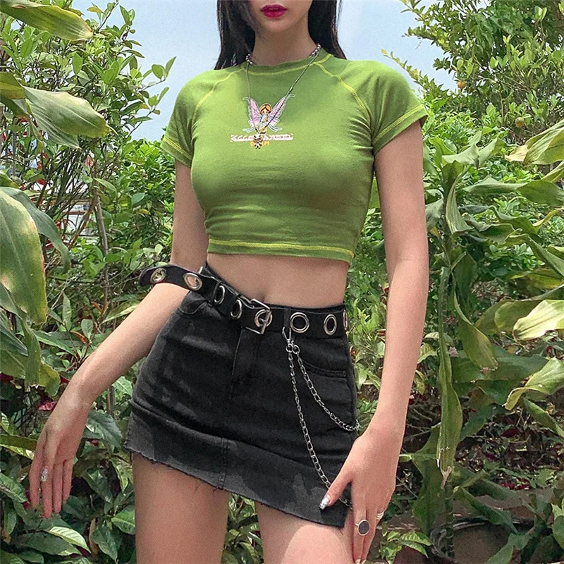 O-neck Short Sleeve T-shirts clothes shirt vintage bf clothing tee Butterfly Graphic and Letter Printing Stitch Green Crop Tops