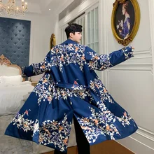 Мужская Свободная Повседневная Длинная куртка ветровки с цветочным принтом Мужские Винтажные модные уличные тренчи пальто Верхняя одежда