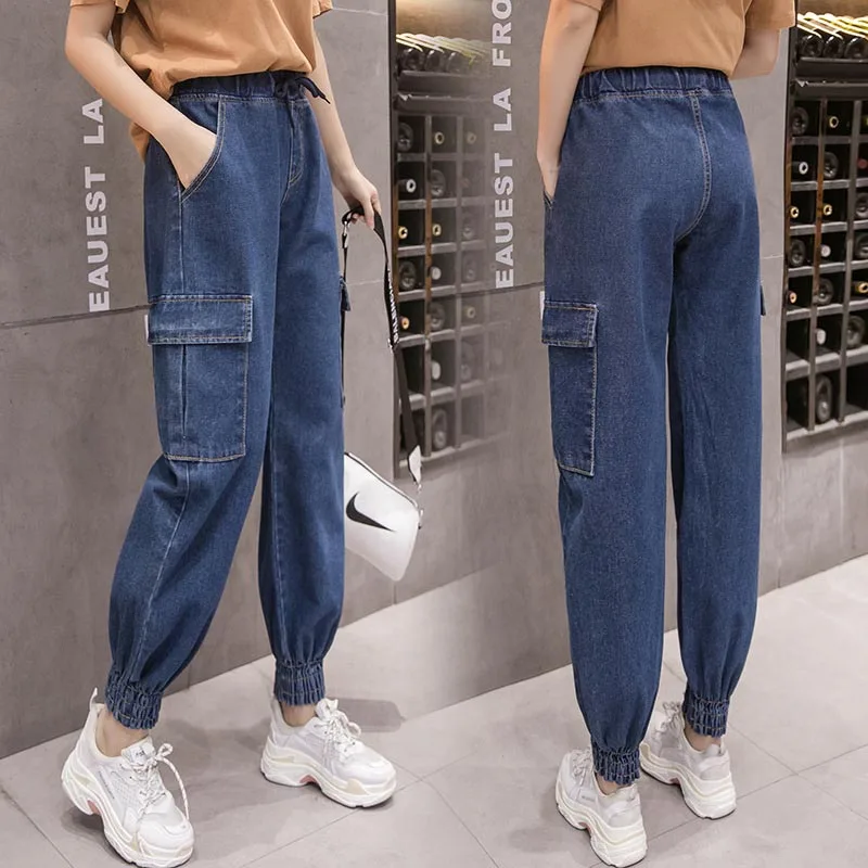 NORMOV Модные женские весенние и осенние брюки-карандаш с карманами, джинсы с высокой талией, однотонные, с эластичной резинкой на талии, свободные хлопковые джинсы