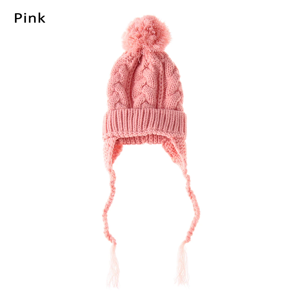 pink Зимняя теплая шапка для детей, для мальчиков и девочек, шапка с помпоном, детская теплая вязаная шапка, шапка для новорожденного, шапка, модные милые наушники для младенцев - Цвет: pink