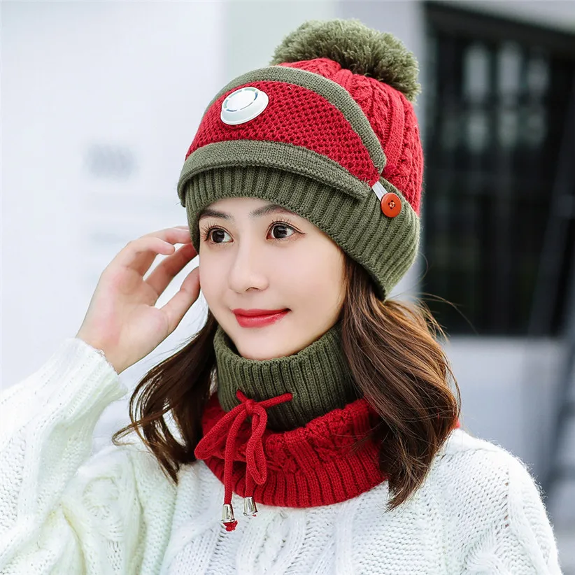 Winter Knit Set Women Girls Patchwork Ball Hat Skullies Beanies Lace-up Scarf O Ring Face Mask Woman Ski Cap 9108