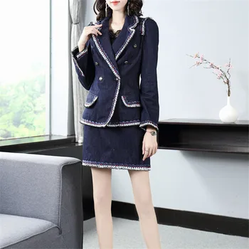 

2019 Autumn New Fashion Women Suit Solid Color Double Breasted Long Sleeve Blazer +Mini Skirt Suit Office lady Elegant Set