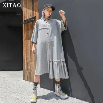 

XITAO Irregular Stitching Dresses Fashion Loose Short Sleeve Off Shoulder Dress Women Simple Wild Color Buttons Clothes DMY3862