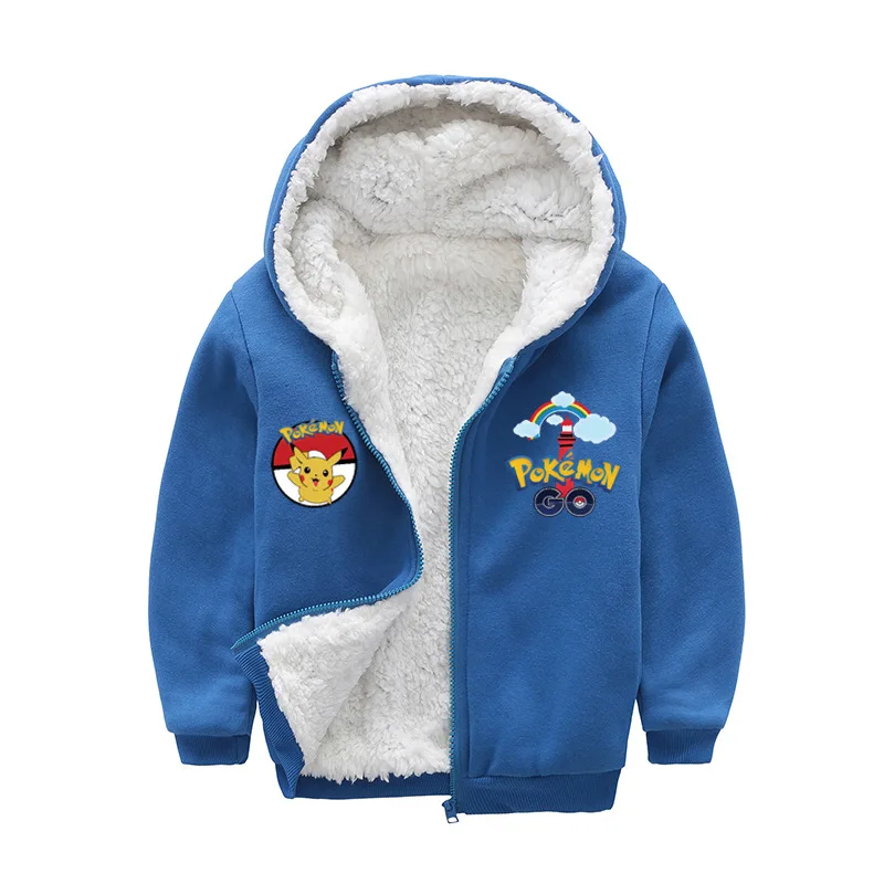  2-14Y 2020 Winter Pokemon Go Hoodies Kids Jacket with Zipper Wool Liner Boys Coat Thicken Hooded Fu