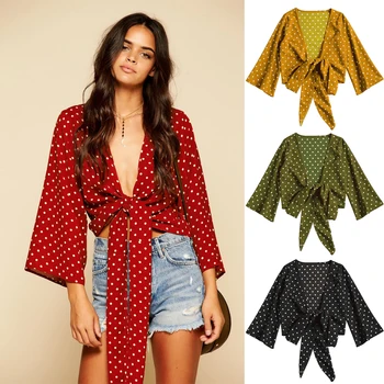 

Sexy Chiffon Silk Crop Top Women Bow Sashes V Neck Crop Top Long Sleeve Cropped Cropped Feminino Top