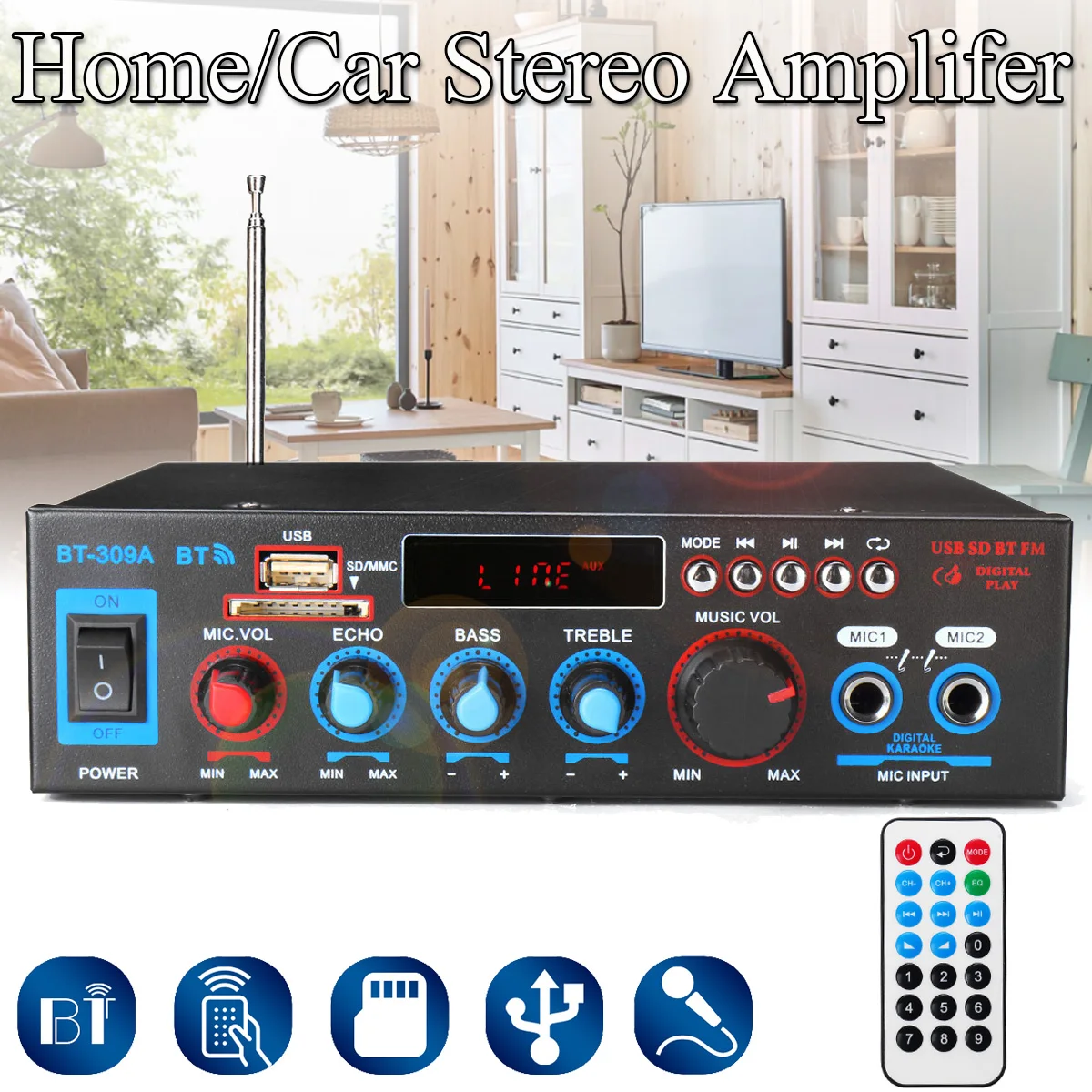 Skup HIFI 2CH 800W moc dźwięku wzmacniacz 12 220V wzmacniacze kina domowego Audio z pilotem obsługuje fm usb karta sd bluetooth