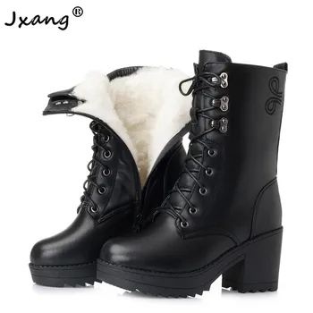 

JXANG New Wool Women Winter Snow Boot Warm Genuine Leather Fur Warm Plush Shoes High Heel Boots Platform for Women boots