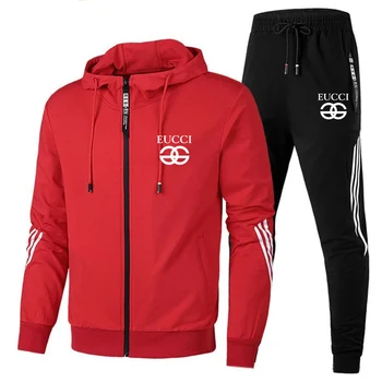 

Spring autumn New men's two-piece stripe sportswear men's full-sleeved top with hood + outdoor sports pants track suit suit 3XL