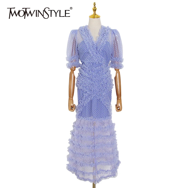 TWOTWINSTYLEPolka Dot Mesh Patchwork Dress For Women V Neck Puff Sleeve Hit Color Lace Elegant Dresses Female 2020 Summer New TWOTWINSTYLEPolka Dot Mesh Patchwork Dress For Women V Neck Puff Sleeve Hit Color Lace Elegant Dresses Female 2020 Summer New