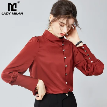 

100% Heavy Silk Satin Women's Shirt Stand Collar Long Sleeves Elegant Fashion Blouse Tops Camisa