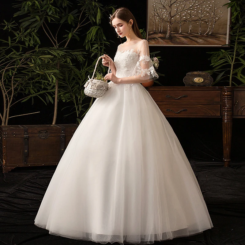 Новое простое свадебное платье из белого кружева с круглым вырезом дешевые