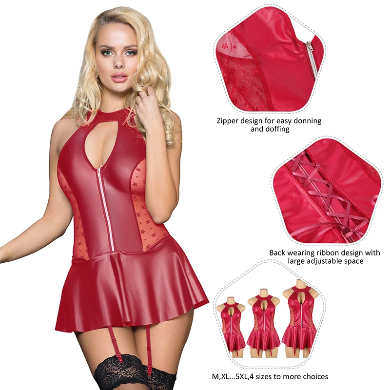 Comeondear Sexy Nachtkleding Plus Size Faux Leather Latex Lingerie Porn Fancy Night Sleep Dress Pvc Wet Look Gartered Nightwear