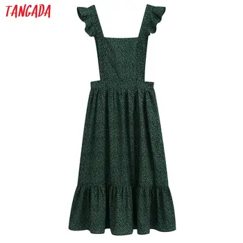 

Tangada fashion women green flowers print dress ruffles strap Sleeveless Ladies sexy backless midi Dress Vestidos BE156