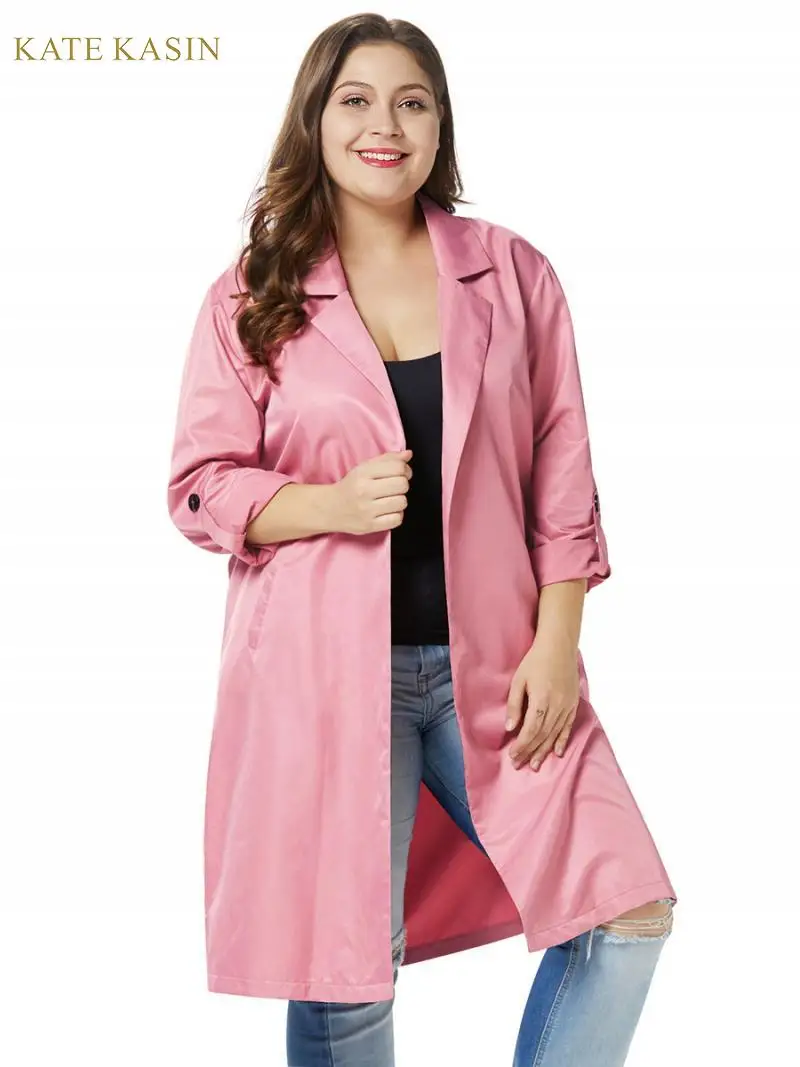 

Kate Kasin Plus Size Women Simple Classic Long Trench Coat Solid Pink/Green Windbreaker 2019 Autumn New Female Outwear XL-4XL