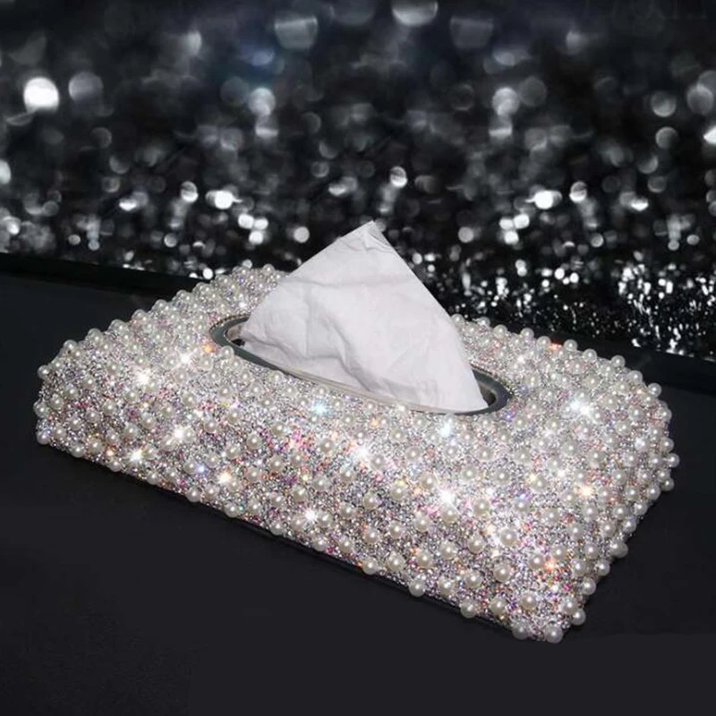 

Artificial Pearl Rhinestone Tissue Box for Home, Car or Hotel, Fashion Creative Decoration Multi-Function Car Storage Box (White