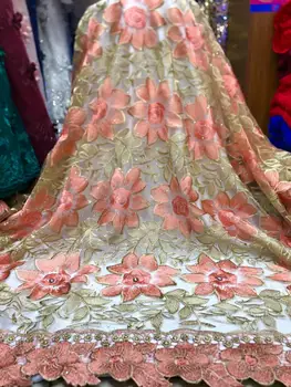 

Latest Gold Peach African Embroidery Tulle Lace Fabric 2019 High Quality French Milk Silk Lace Fabric With Rhinestones 5 Yards
