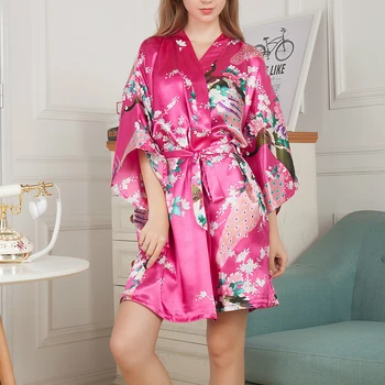 

Womens Peacock Print Nightgown Kimono Silk Satin Robe Bathrobe Sleepwear Pyjamas Ladies Short Peacock Kimono Pajamas Nightgown