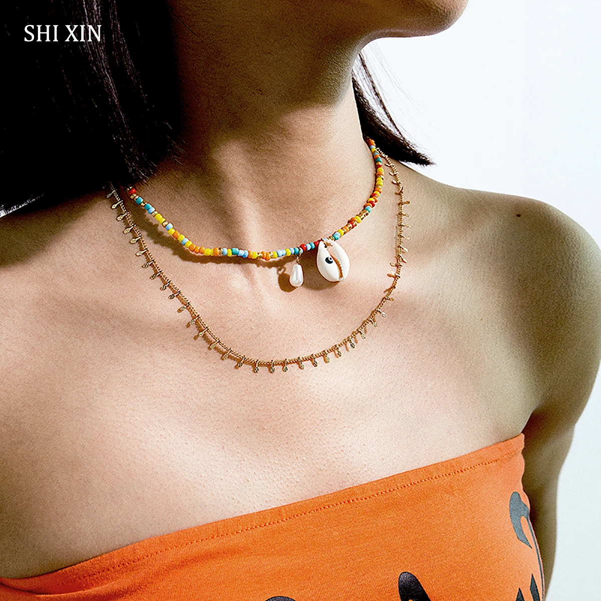 

SHIXIN Bohemia Rainbow Beads Choker Necklace Sea Shell Pendant Necklace for Women Summer Colorful Beaded Chain Layered Necklaces