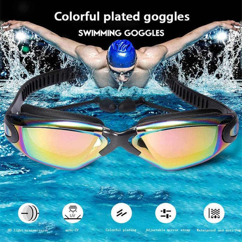 Очки для плавания, беруши для плавания, Профессиональные Водонепроницаемые очки, HD анти-туман, УФ силиконовые очки, гальванические прозрачные очки
