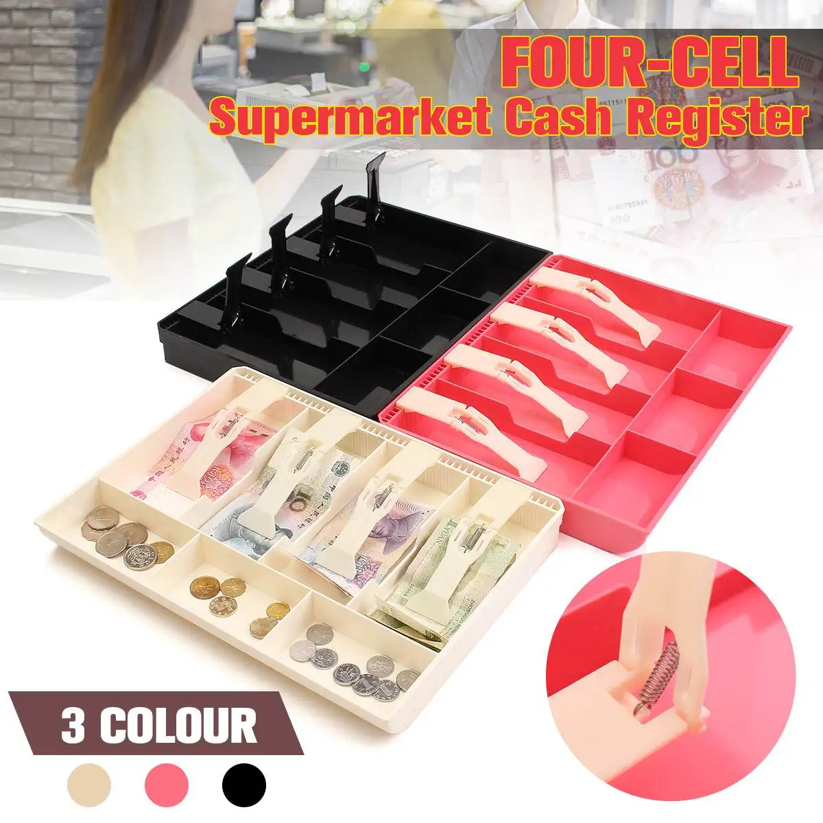 

Multiple compartment Black/Pink/Whit Money Cash Coin Register Insert Tray Replacement Cashier Drawer Storage Box Classify Store