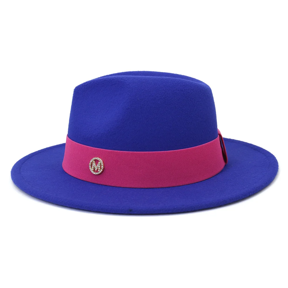 mens straw fedora Women Hats British Style M letter Ribbon Band Felt Fedora Hats Winter Autumn Wide Brim Pink Dress Formal Jazz Wedding Hat felt fedora hat