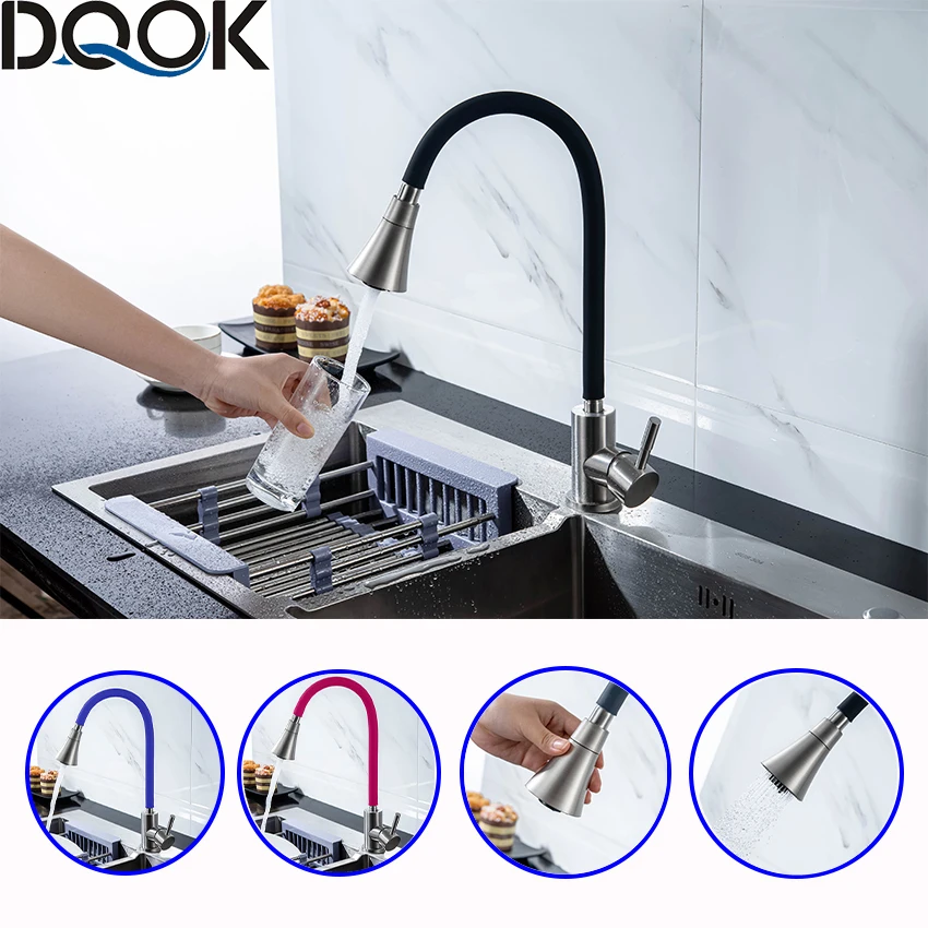 DQOK Silica Gel Nose Any Direction Rotating Kitchen Faucet Cold and Hot Black Blue Water Mixer Red Single Handle Kitchen Tap