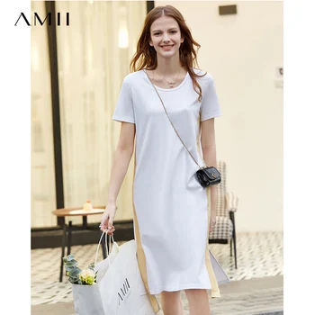

Amii 2020 summer new Casual short sleeve O-Neck dresses patchwork Fashion Solid loose Female Straight Dress 11940212